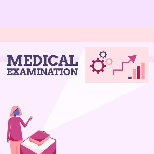 Writing displaying text Medical Examination. Word Written on Checkup carried out to determine the physical fitness Lady Standing Holding Projector Remote Control Presenting Graph Growth. — Stock Photo, Image