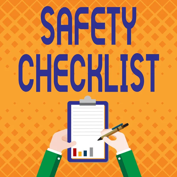 Text caption presenting Safety Checklist. Business concept list of items you need to verify, check or inspect Business Associate Holding Clipboard Documenting Reports With Pen.