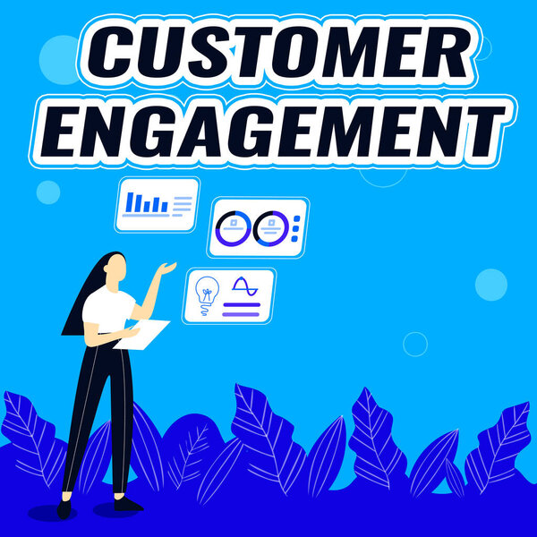 Почерк текста Customer Engagement. Концепция, означающая эмоциональную связь между клиентом и брендом Иллюстрация идей для обмена девочками для обсуждения стратегии работы.