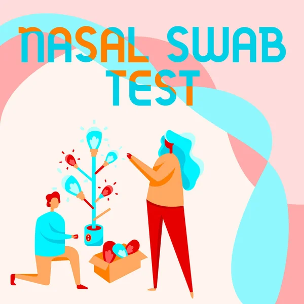 Handwriting text Nasal Swab Test. Business overview diagnosing an upper respiratory tract infection through nasal secretion Man And Woman Drawing Standing Kneeling Assembling Light Bulb Tree.