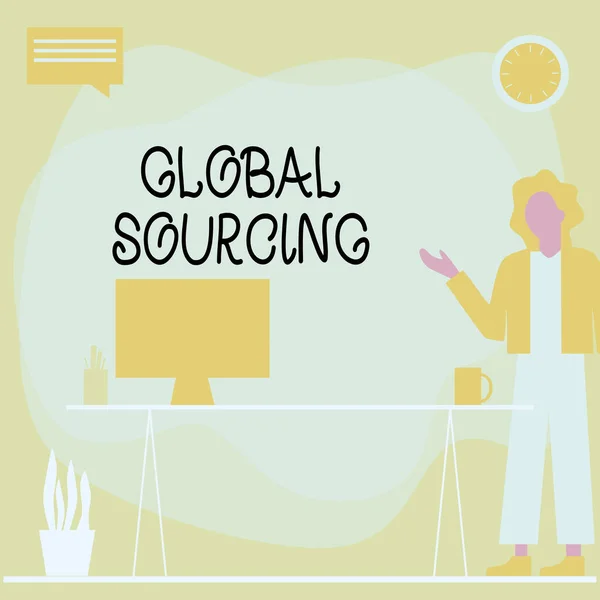 Conceptuele weergave Global Sourcing. Business showcase praktijk van het betrekken van de wereldwijde markt voor goederen Vrouw staande kantoor met behulp van laptop met spraakbel Naast Plant Vaas. — Stockfoto