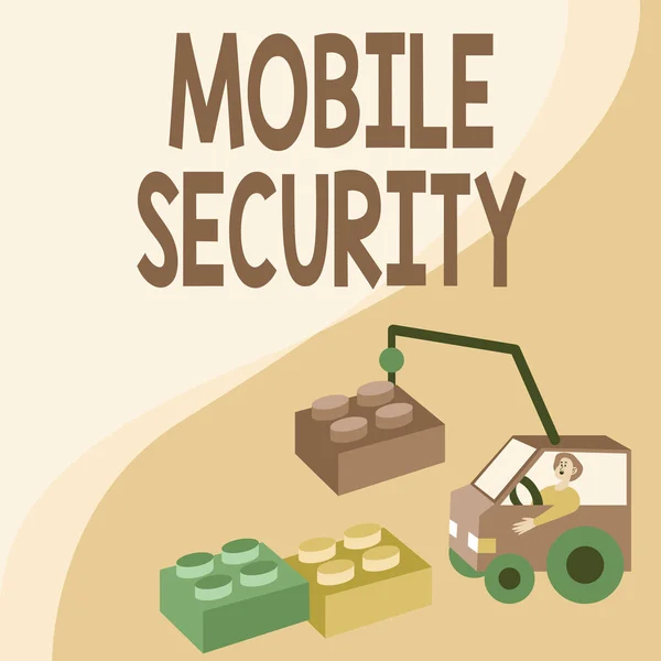 Conceptual caption Mobile Security. Business concept Protection of mobile phone from threats and vulnerabilities Man In Crane Moving Around Blocks Presenting New Ideas. — Stock Photo, Image
