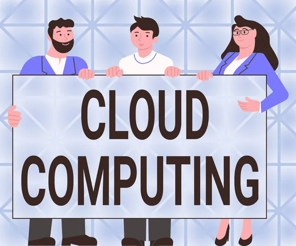 Inspirace ukazuje znamení Cloud Computing. Obchodní koncept používat síť vzdálených serverů hostovaných na Internetu Tři kolegové Holding Prezentační fórum Zobrazení nových nápadů. — Stock fotografie