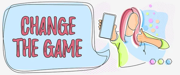 El yazısı işareti Oyunu Değiştir. İş yaklaşımı Bir hareket yapmak Yeni Fikirler sunan Bayan Holding için yeni stratejiler çizmek Konuşma Baloncuğu ile.