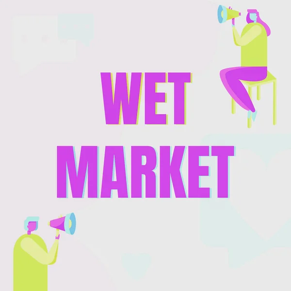 최초의 제품은 패션 제품이다. Wet Market Man Standing and Woman Setting 모두 메시지 심볼로 메 가 폰을 들고 있다.. — 스톡 사진