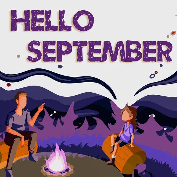 Szöveg felirat bemutató Hello September. Internet Concept Alig várja, hogy meleg fogadtatásban részesüljön a szeptember hónapban Apa és lánya ül a tábortűz mellett Élvezi a kemping a parkban — Stock Fotó
