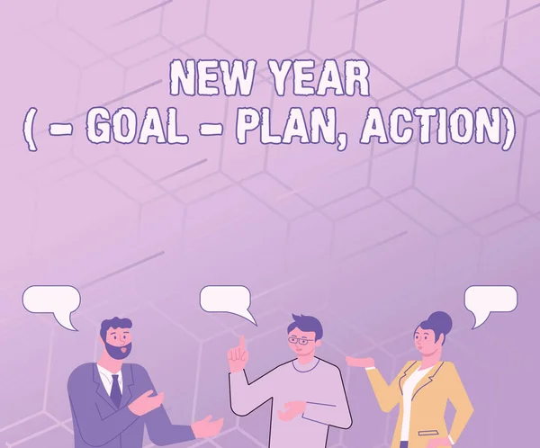 Handschrift tekst Nieuwjaar Doel Plan, Actie. Word Written on Business oplossing en planning met motivatie Partners Chatting Bouwen aan nieuwe prachtige ideeën voor verbetering van vaardigheden. — Stockfoto