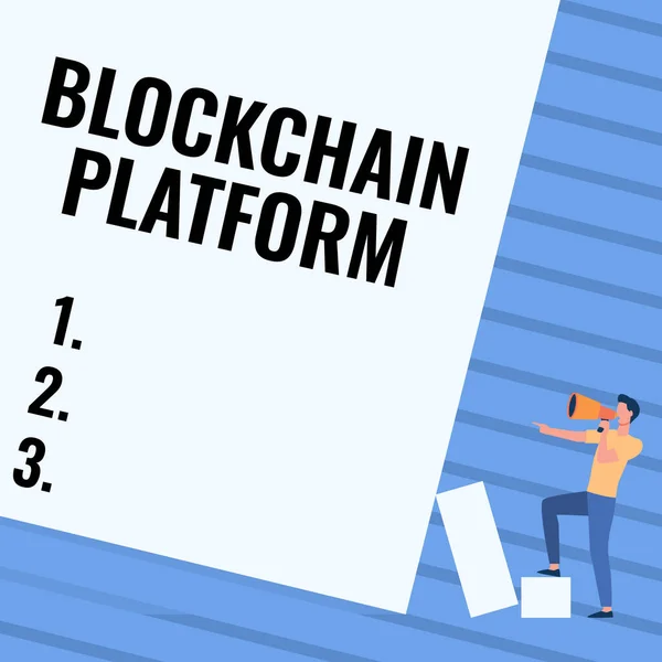 Konzeptionelle Bildunterschrift Blockchain Platform. Konzept bedeutet Kryptowährung digitaler Austausch im virtuellen Raum Mann im Stehen Zeichnung Holding Megaphon Pointing Blank Wall. — Stockfoto