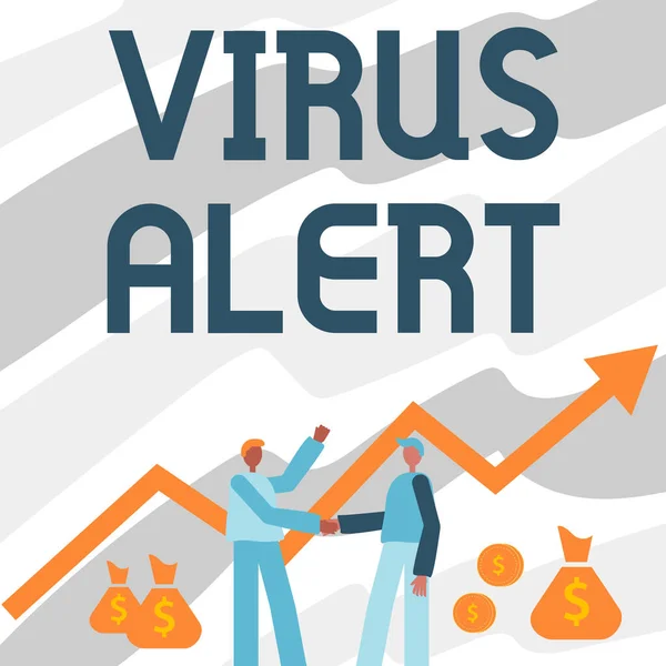 Virüs Alarmı ilhamını gösteren bir metin. İş Genel Bakış Virüsü Uyarısı: İki Adam Büyüme ve Para Torbası İçin Finansal Okla Tokalaşıyor. — Stok fotoğraf