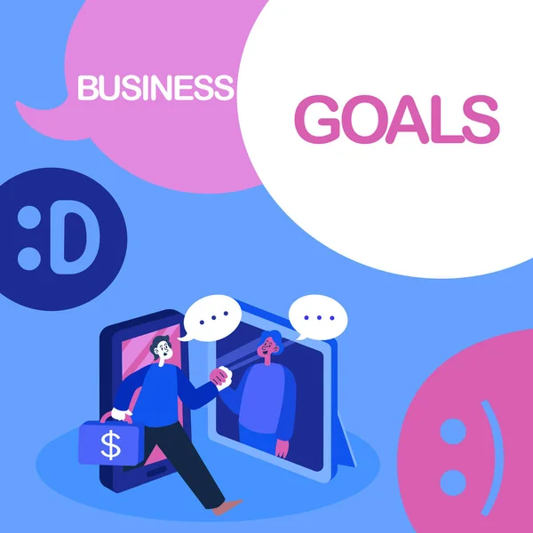 Text sign showing Business Goals. Business overview Expectation to accomplish over a specific period of time Two Colleagues Meeting Online Discussing Future Project Ideas. — Stock Photo, Image