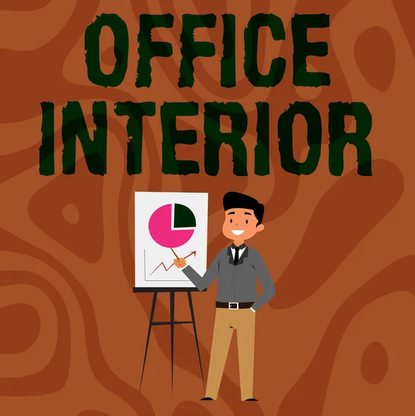 Handstilstext Office Interior. Word Skrivet om att göra inomhusutrymmen fungerar säkert och vackert Affärsman bär Casual Standing Presentera diagram och idéer. — Stockfoto