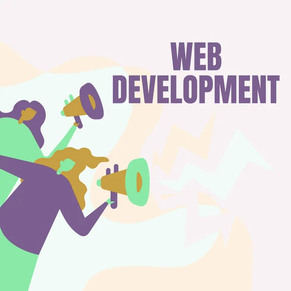 Έμπνευση δείχνει σημάδι Ανάπτυξης Web. Business concept Web Development Women Drawing Holding Megaphones Ανακοίνωση προς το κοινό. — Φωτογραφία Αρχείου