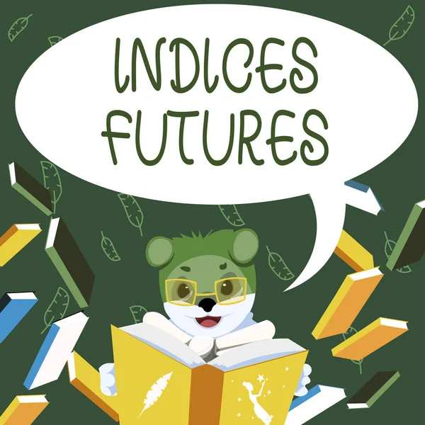 Handschrift Zeichen Indizes Futures. Internet Concept kassiert Terminkontrakte auf den Wert einer Aktie Fox mit Brille sitzt in der Bibliothek und liest ein Buch. — Stockfoto