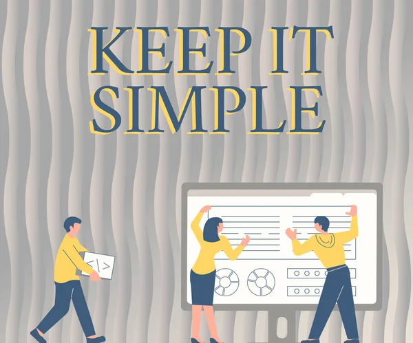 Tekstbord met 'Keep It Simple' erop. Bedrijfsoverzicht Eenvoudig te omzeilen Begrijpelijke generieke terminologie Collega 's Tekenen Staande naast Tafelprojectie Grafiek Grafiek — Stockfoto