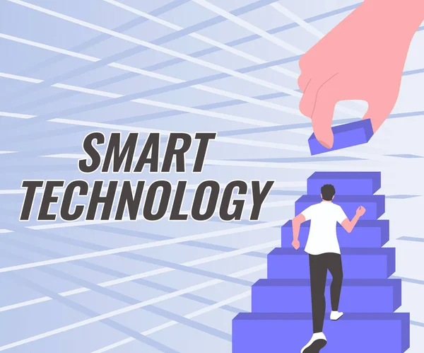 Legenda conceitual Tecnologia Inteligente. Dispositivos de conceito de negócio ou dispositivo que tem um construído em computador ou chip Gentleman Climbing Up Stair Case Tentando Alcançar Metas Definindo Progresso. — Fotografia de Stock