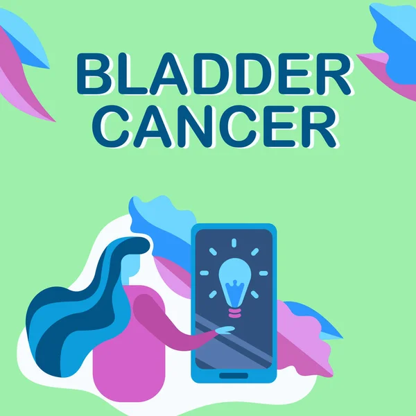 Texto de escritura Cáncer de vejiga. Palabra para la forma de cáncer que comienza en el revestimiento de la vejiga Lady Pressing Screen Of Mobile Phone Mostrando la tecnología futurista. — Foto de Stock