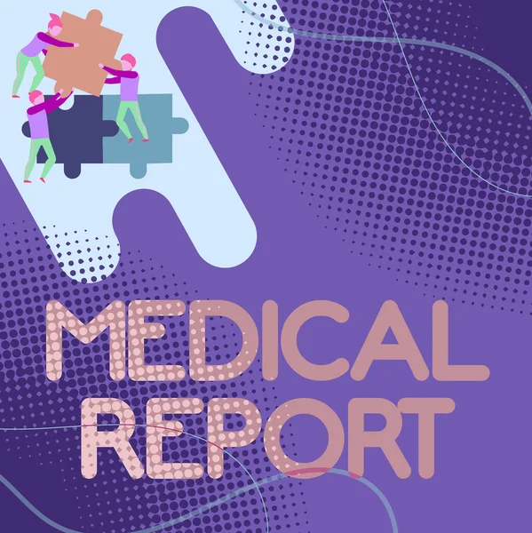 Schreiben von Textanzeigen Medical Report. Geschäftsübersichtsbericht über die Ergebnisse einer medizinischen Untersuchung eines Patienten Team hält Puzzleteile, die sich gegenseitig helfen, das Problem zu lösen. — Stockfoto