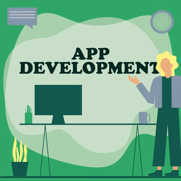 Didascalia concettuale App di sviluppo. Concetto significato Servizi di sviluppo per fantastiche esperienze mobili e web Donna in piedi ufficio utilizzando il computer portatile con vocabolario bolla accanto vaso vegetale. — Foto Stock