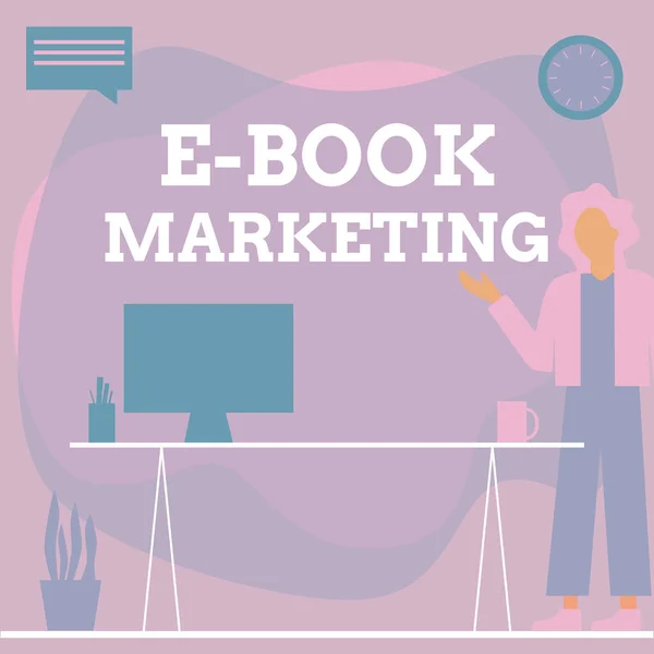 Text sign showing E Book Marketing. Word for digital file that can be used on any compatible computer Woman Standing Office Using Laptop With Speech Bubble Beside Plant Vase. — Stock Photo, Image