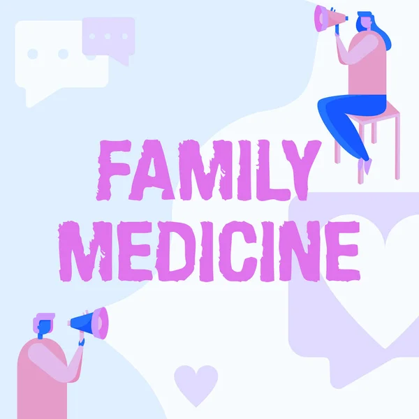 Az SMS-ben családi orvoslás van. Fogalmi fotó célja, hogy alapvető egészségügyi ellátást a családtagok Férfi álló és nő ül mindkét gazdaság hangszóró üzenettel szimbólum. — Stock Fotó