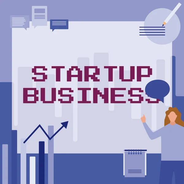 Szöveges Start Up Business megjelenítése. Üzleti koncepció Egy új vállalkozás friss kereskedési és értékesítési üzletasszony alkalmi állandó bemutató diagramok és új csodálatos ötletek. — Stock Fotó