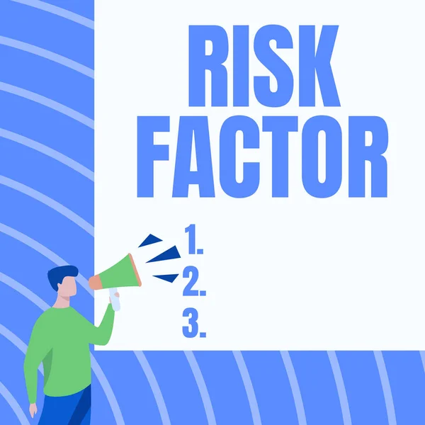 Hand writing sign Risk Factor. Business overview Characteristic that may increase the percentage of acquiring a disease Businessman Drawing Talking Through Megaphone Making New Announcement. — Stock Photo, Image