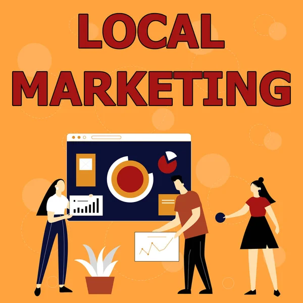 Text showing inspiration Local Marketing. Business idea A local business where a product buy and sell in area base Employee Helping Together Sharing Ideas For Skill Improvement. — Stock Photo, Image