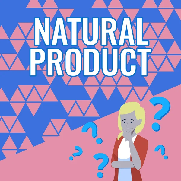文字显示自然产品。商业展示会展示生物产生的化合物或物质女士用问号环绕着集思广益的新解决方案. — 图库照片