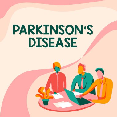 Parkinson hastalığını gösteren mesaj işareti. Konsept, hareket eden meslektaşları etkileyen sinir sistemi bozukluğu anlamına gelir. Dizüstü bilgisayarlı bir masada oturup tartışmalı çizim yapmak..