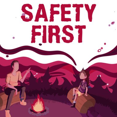 Önce metin güvenliği gösterimi yazılıyor. Bunun anlamı, gereksiz risklerden kaçınmak ve güvende olmak için hareket etmek. Baba ve kızı, kamp ateşinin yanında oturuyor ve parkın tadını çıkarıyor.