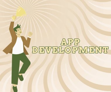 Uygulama Geliştirme 'yi göster. Harika mobil ve internet deneyimleri için geliştirme hizmetleri üzerine yazılan sözcük: Beyler Heyecanlı Atlama Ödülü Gösterme Başarıları.