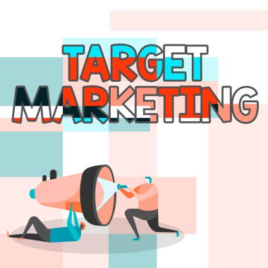 Metin işareti hedef pazarlamayı gösteriyor. İnternet Kavramsal Piyasa Bölümü Seyircisi Müşteri Seçme İşçileri El Feneri ile Birbirine Yardım Ediyor Megafonu Tamir Etmek İçin.