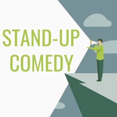 Stand-Up Comedy 'yi gösteren metin işareti. Konsept, komedyen canlı seyirci önünde konuşuyor iş adamı çizim yapıyor Megafon kullanarak uçurumda duruyor duyuru yapıyor.
