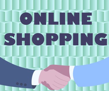 Çevrimiçi Alışveriş 'i gösteren tabela. İş genel değerlendirmesi, tüketicilerin mallarını İnternet üzerinden satın almalarına izin veriyor. Kağıt Arkaplan Çizen İki Adam El sıkışma Anlaşması Sunar