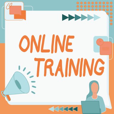 El yazısı tabelası Online Training. İşletme yaklaşımı, elektronik eğitim programını ele alalım. Kadın çizimi, Megafon 'un yanında çalışıyor ve yeni bir duyuru yapıyor.