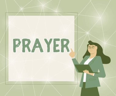 Duayı sunan metin başlığı. İş konsepti, Tanrı 'nın İş Kadını İmajı' nın Dizüstü bilgisayarını elinde tutarken sunduğu fikirlere teşekkür etme ya da yardım isteği sunuyor..