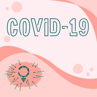 Covid19 ilhamını gösteren bir metin. Coronavirus ampulünün neden olduğu hafif ve şiddetli solunum hastalığına ait kelime. Boş Yazma Alanının yanında Çoklu Satır Çizgisi olan Ampul Çizimi.