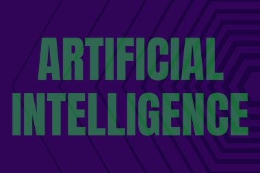 Yapay Zeka 'yı gösteren metin işareti. İnsan gibi düşünmeye ve hareketlerini taklit etmeye programlanmış bir iş fikri. Değişik şekiller ve renklerle çizilmiş arka planlar..