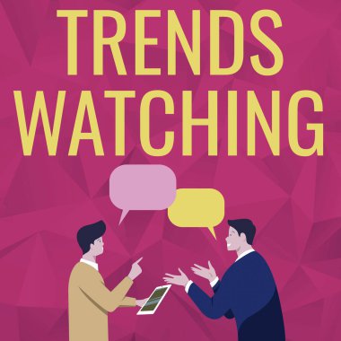 Metin başlığı Trends İzleme sunar. Yeni ya da farklı bir şeye yönelik iş genel bakış değişiklikleri ya da gelişmeler. İki Erkek Meslektaşın Konuşma Baloncuklarıyla Düşüncelerini Paylaşması