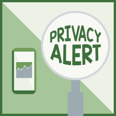 El yazısı metni gizlilik uyarısı. İş yaklaşımı, kullanıcıyı Etkin Akıllı Telefonun Aktif Büyüteç Yanındaki Resmini çalma riskine karşı uyarır.