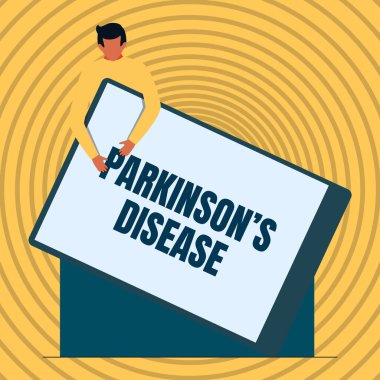 Parkinson hastalığının belirtilerini gösteren ilham. Hareketi etkileyen iş fikri sinir sistemi bozukluğu. Beyefendinin elinde kocaman boş bir pano var..