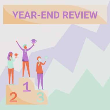 Yıl sonu Değerlendirmesini gösteren metin işareti. İş yaklaşım Yılı Gözden Geçirme Üç Yarışmacı Zaferi Kutlayan Podyumda Bekliyor.
