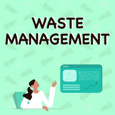 Atık Yönetimi gösteren metin işareti. Atık Yönetim Çizgisi Bayan Oturan Fikirler İçin Web Tarayıcı Ekranı ile Yeni Fikirler Çizimi