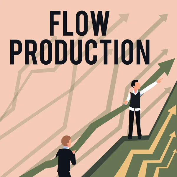 Text bildtext som presenterar Flow Production. Affärsidéer produceras från ett bearbetningssteg till nästa Pilar vägleda två samarbetande affärsmän mot bättre finansieringsplan. — Stockfoto