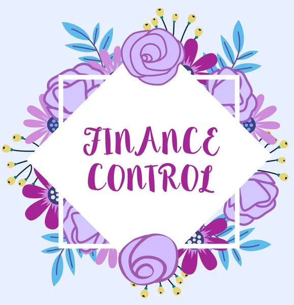 Signo de texto que muestra control financiero. Procedimientos de enfoque empresarial que se implementan para administrar las finanzas Marco en blanco decorado con formas abstractas modernizadas Flores y follaje. — Foto de Stock