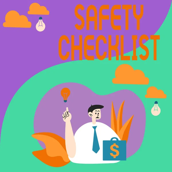 Conceptual caption Safety Checklist. Business approach list of items you need to verify, check or inspect Man Sitting In Park Blowing Balloons Thinking Of New Thoughts With Idea Lamp.