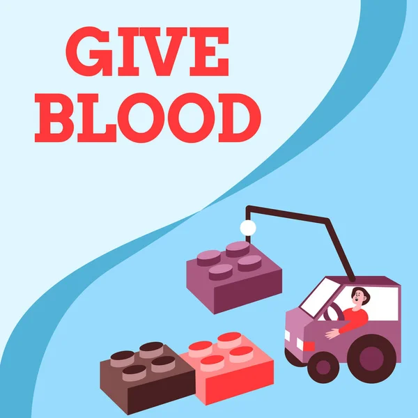 Έμπνευση που δείχνει σημάδι Δώσε Αίμα. Επιχειρηματίας προσέγγιση πρόσωπο εθελοντικά έχει το αίμα που λαμβάνονται και χρησιμοποιούνται για μεταγγίσεις Man In Crane Μετακίνηση γύρω από μπλοκ Παρουσιάζοντας νέες ιδέες. — Φωτογραφία Αρχείου
