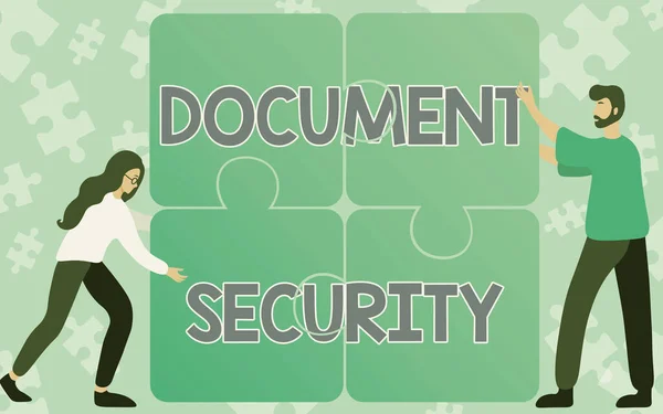 Conceptual caption Document Security. Internet Concept means in which important documents are filed or stored Colleagues Drawing Fitting Four Pieces Of Jigsaw Puzzle Together Teamwork.