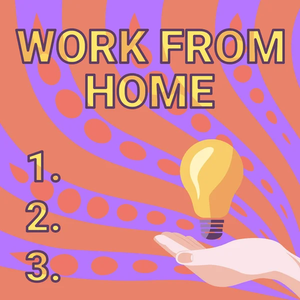 Χειρόγραφο σημάδι εργασίας από το σπίτι. Word Written on Work From Home Lady Hands Holding Lamp with formal Outfit Παρουσιάζοντας νέες ιδέες για το έργο, — Φωτογραφία Αρχείου