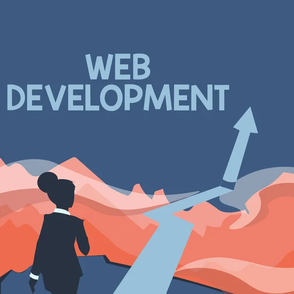 Έμπνευση δείχνει σημάδι Ανάπτυξης Web. Επιχειρηματική επισκόπηση Web Development Lady Περπάτημα προς τα βουνά με ένα βέλος που σηματοδοτεί την επιτυχία — Φωτογραφία Αρχείου
